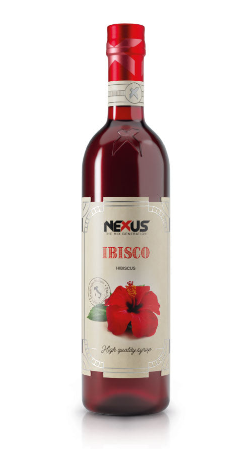 Bottiglia di Sciroppo all’Ibisco Nexus, ideale per cocktail freschi, spritz e mocktail estivi.