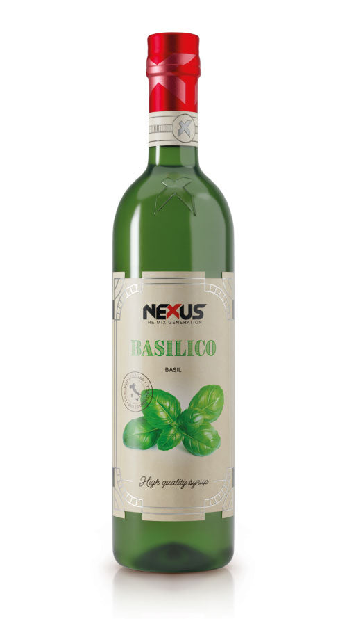 Bottiglia di Sciroppo al Basilico Nexus, ideale per cocktail freschi, gin tonic e mocktail estivi.