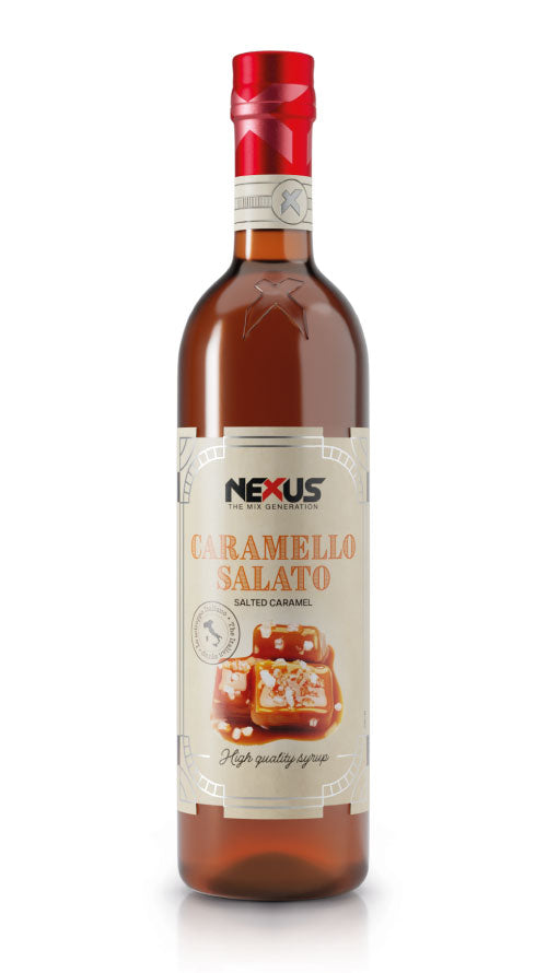Bottiglia di Sciroppo al Caramello Salato Nexus, ideale per cocktail dolci, caffè e dessert gourmet.