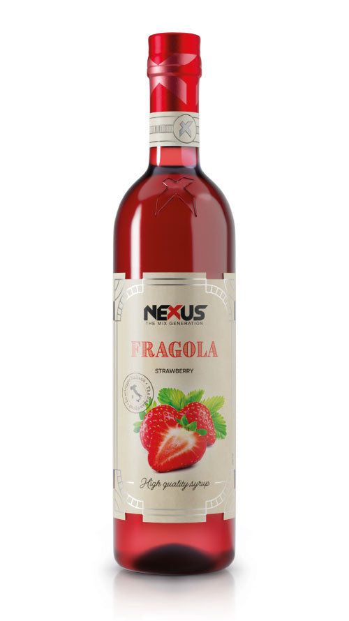 Bottiglia di Sciroppo alla Fragola Nexus, ideale per cocktail, mocktail e dessert.