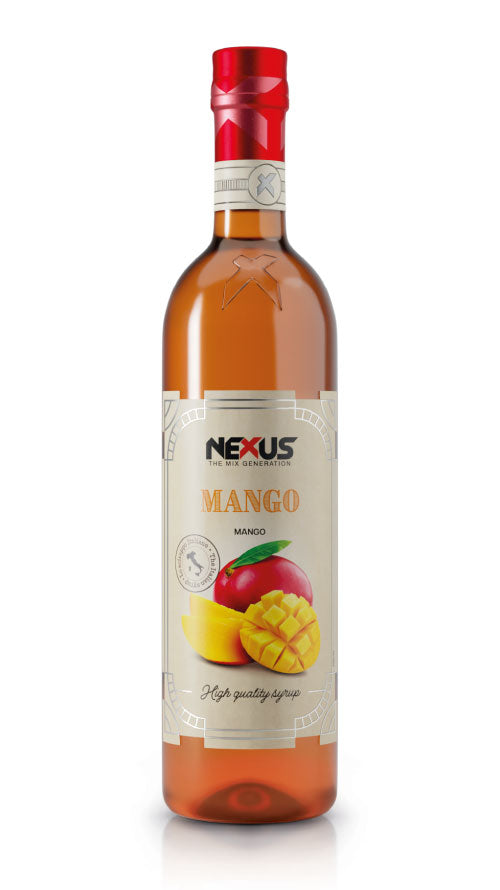 Bottiglia di Sciroppo al Mango Nexus, ideale per cocktail tropicali, mocktail e smoothie estivi.