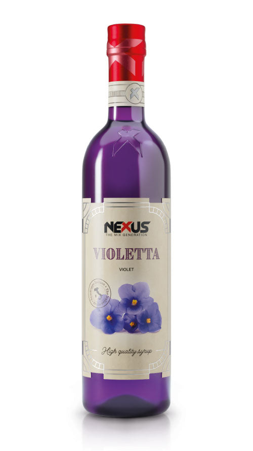 Bottiglia di Sciroppo alla Violetta Nexus, ideale per cocktail floreali, gin tonic e mocktail primaverili.